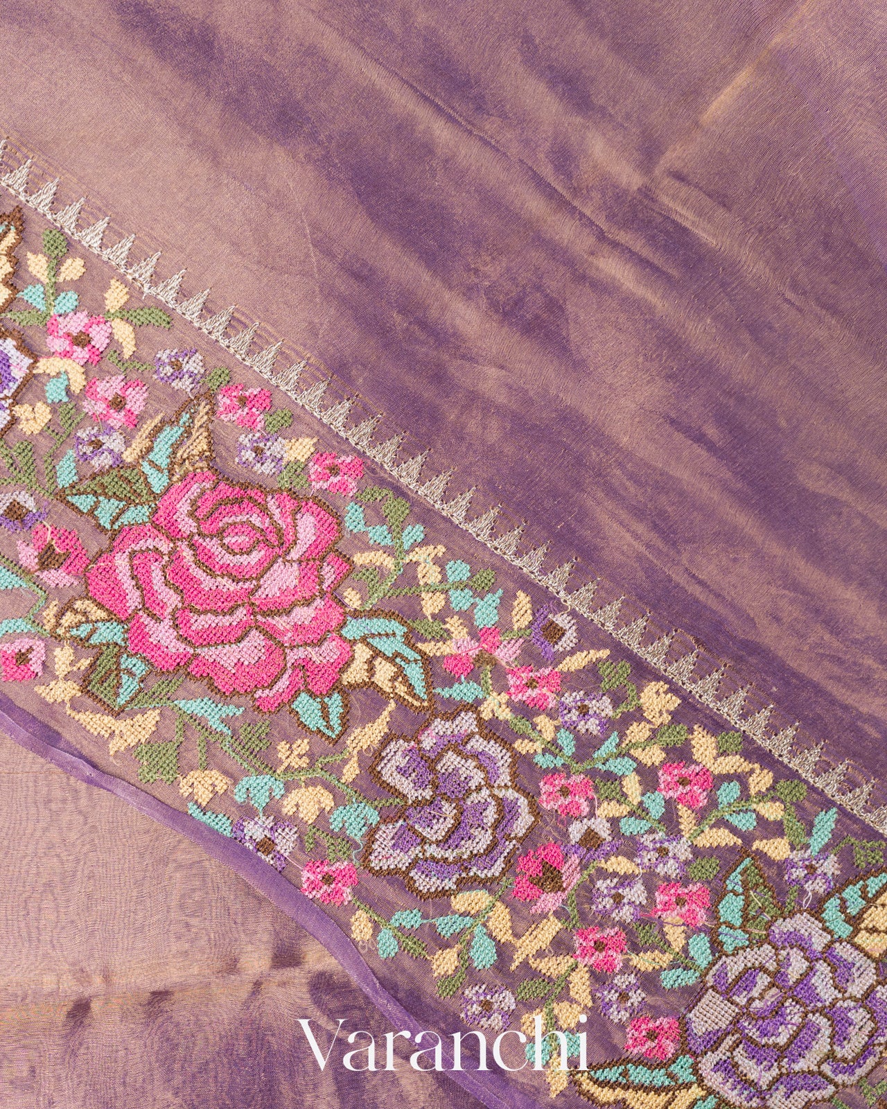 Lavender with Petit-Point Embroidered Border Pure Glass Tissue Kora Silk Saree