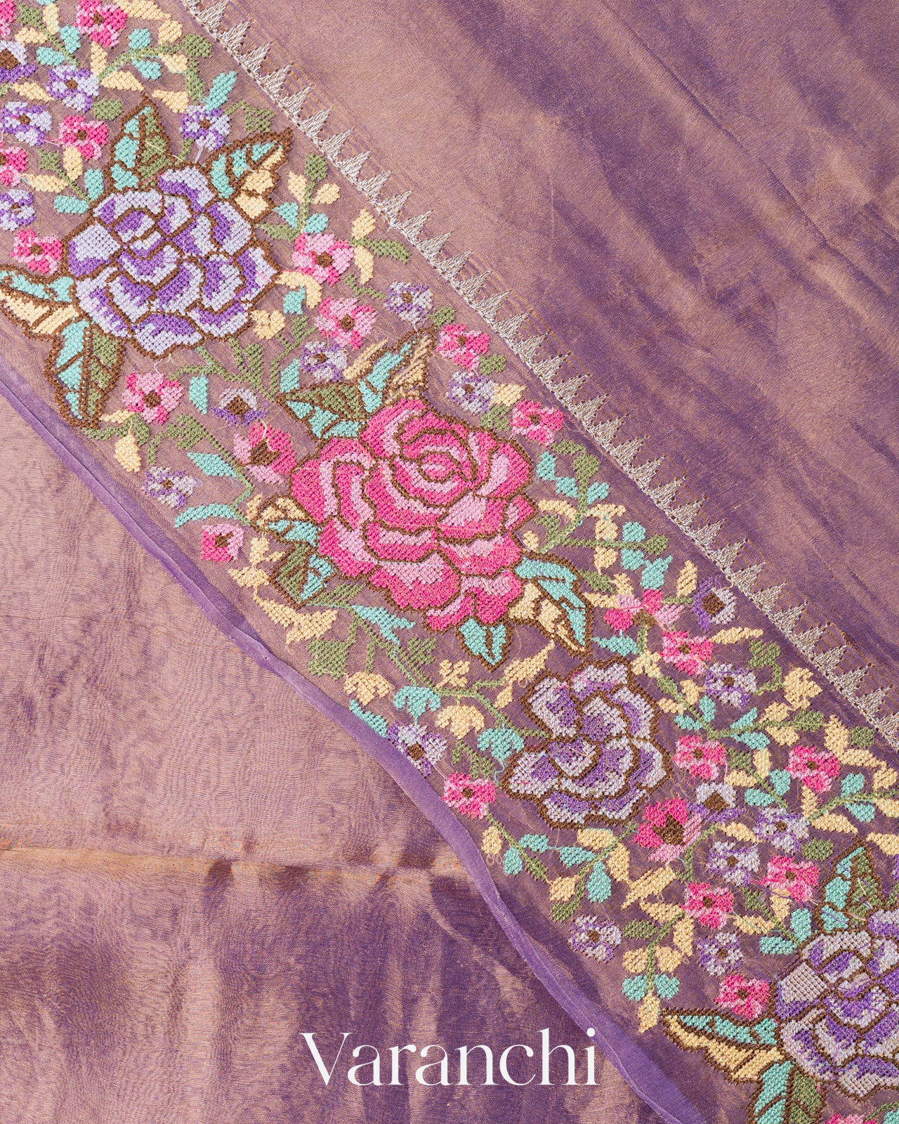 Lavender with Petit-Point Embroidered Border Pure Glass Tissue Kora Silk Saree