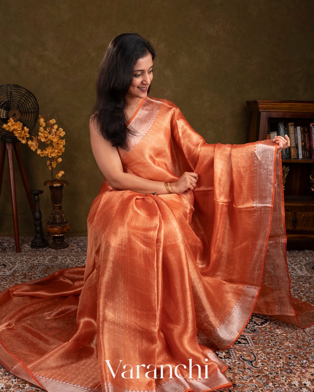 Orange Brocade Pure Tissue Kora Silk Saree
