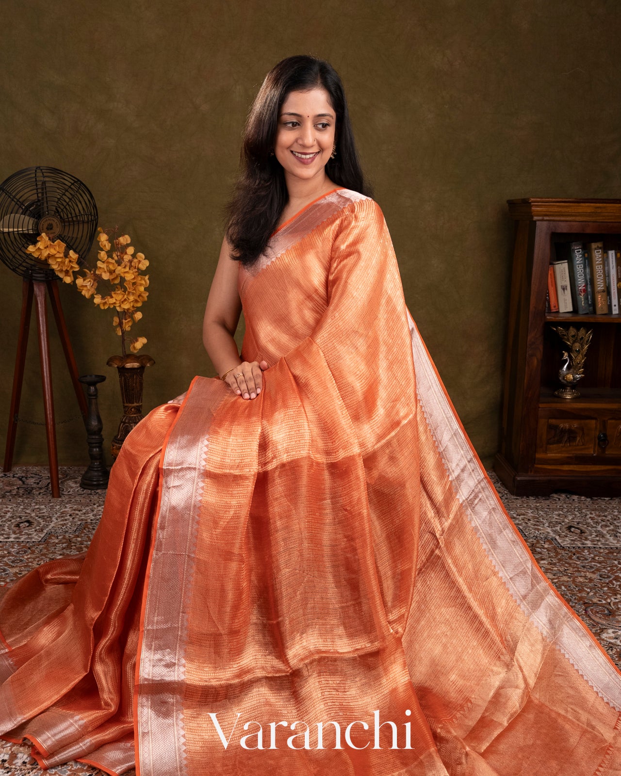 Orange Brocade Pure Tissue Kora Silk Saree