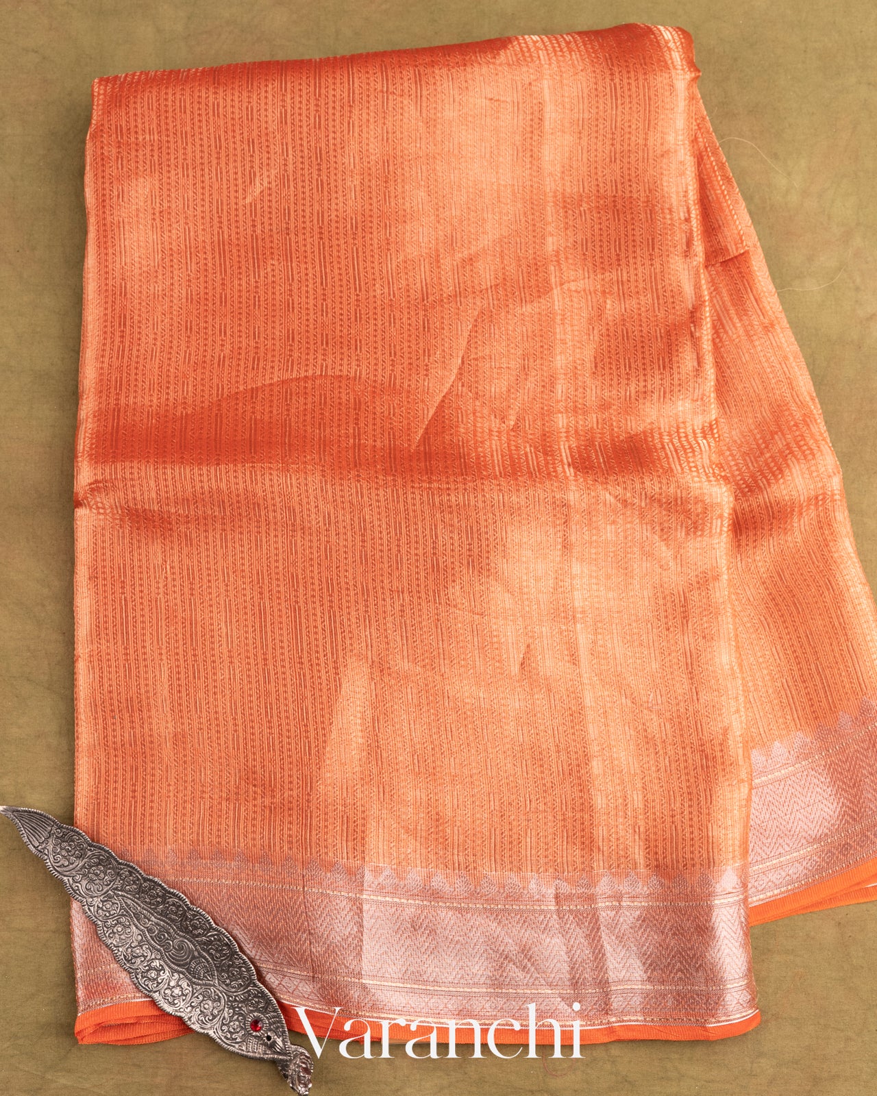 Orange Brocade Pure Tissue Kora Silk Saree