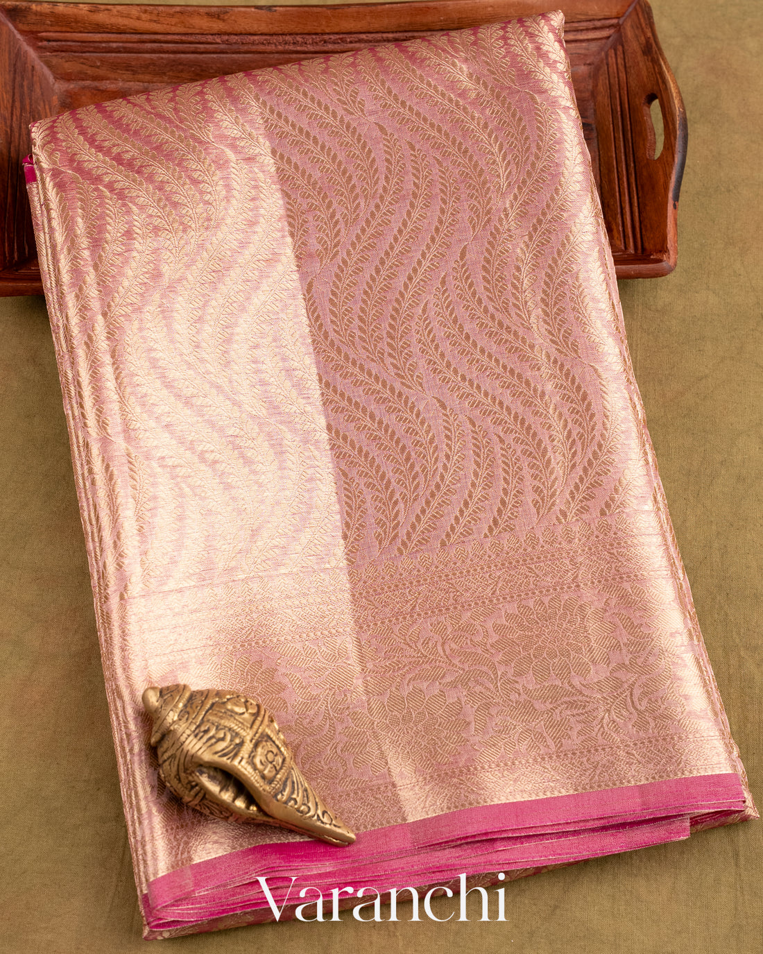 Rose Pink Heavy Brocade Pure Tissue Kora Silk Saree