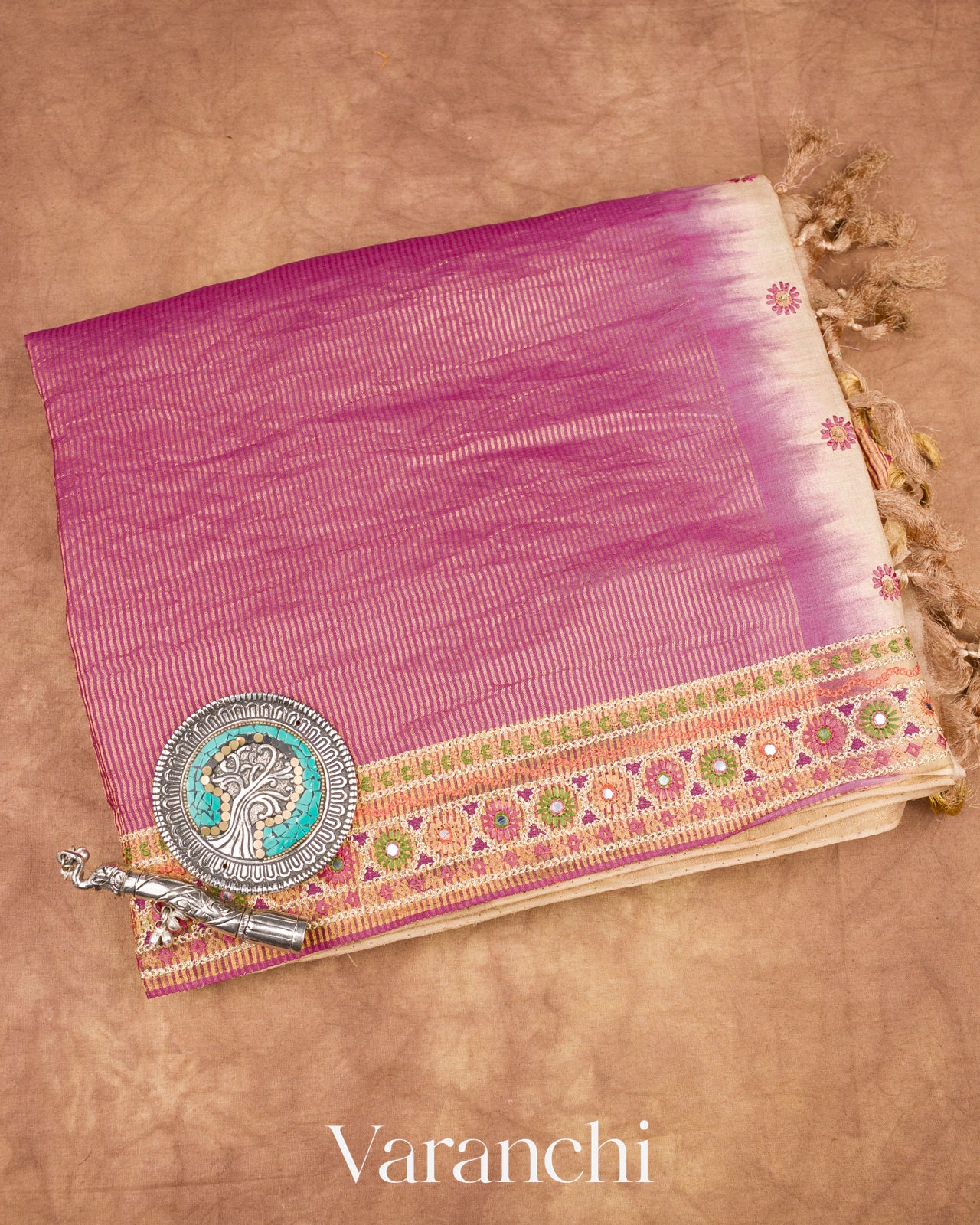 Berry Pink Tissue Striped Pure Kora Silk Handloom Saree