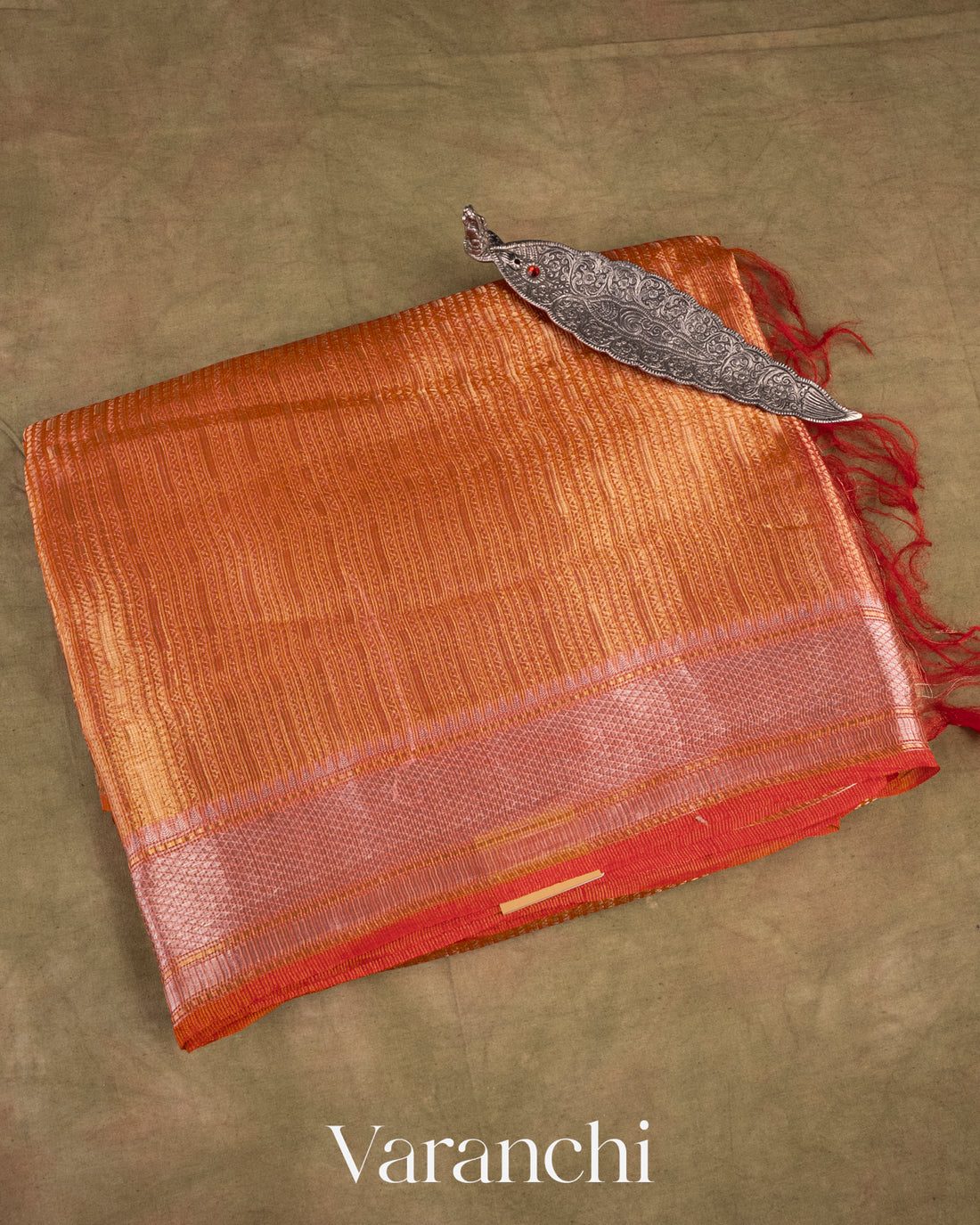 Rust Red Brocade Pure Tissue Kora Silk Saree