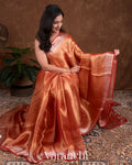 Rust Red Brocade Pure Tissue Kora Silk Saree