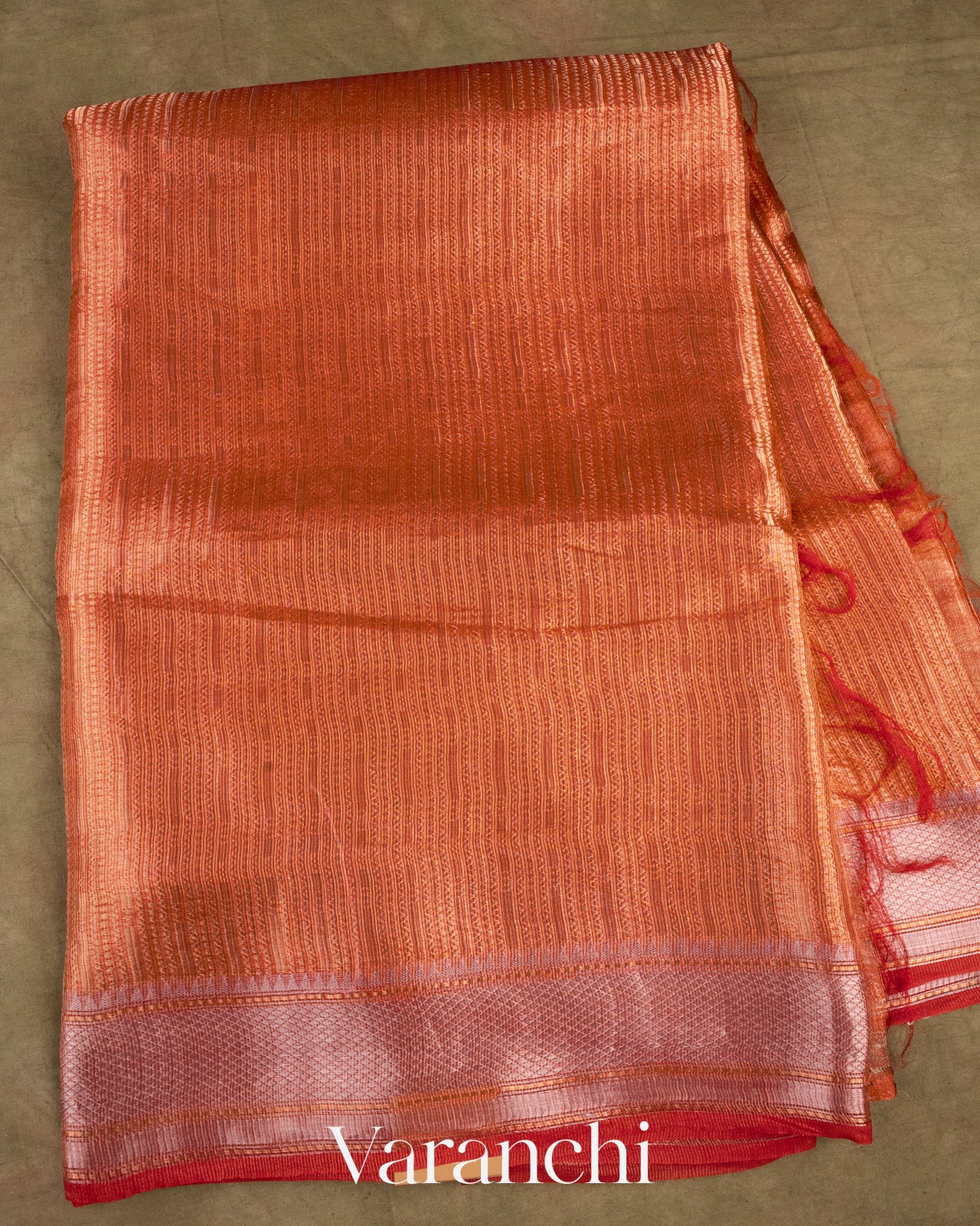 Rust Red Brocade Pure Tissue Kora Silk Saree