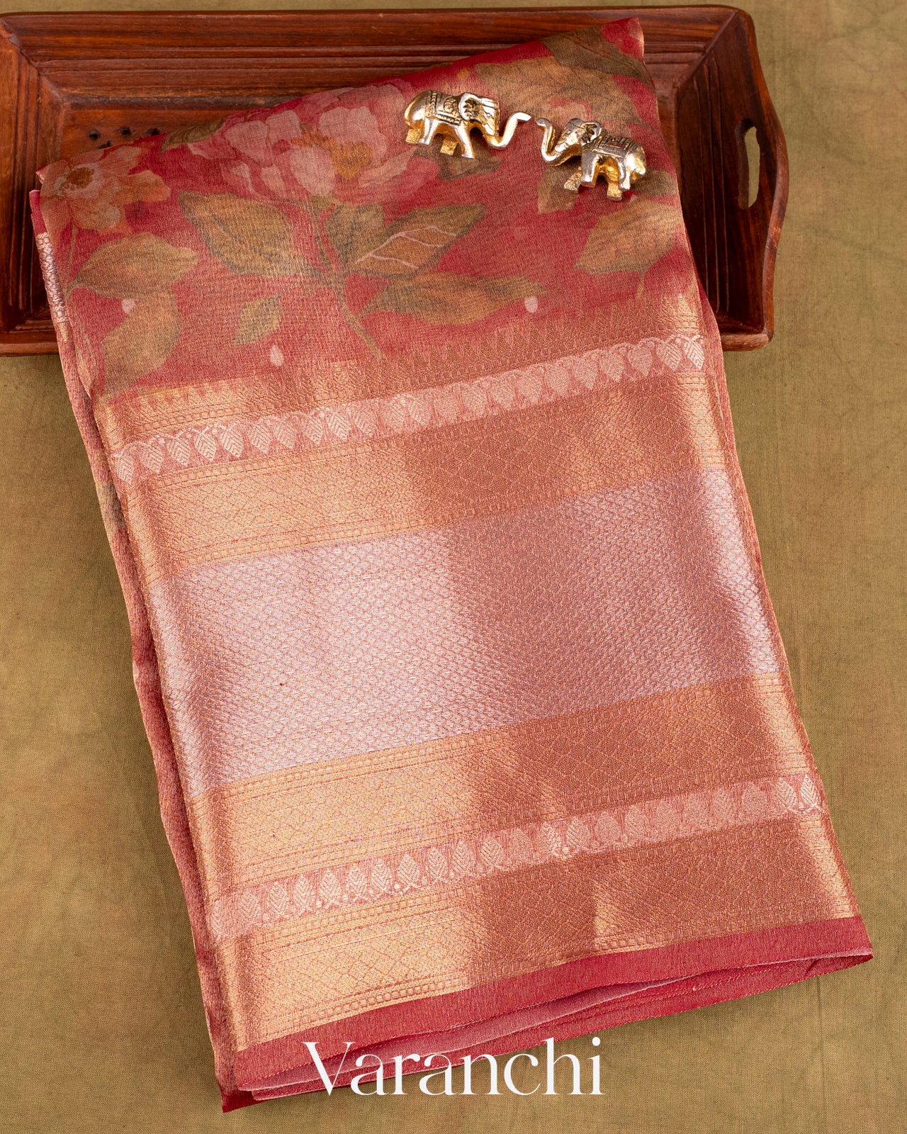 Deep Rust Red Floral Printed Pure Tissue Kora Silk Saree