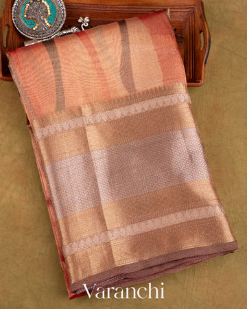 Rust Brown Printed Pure Tissue Kora Silk Saree