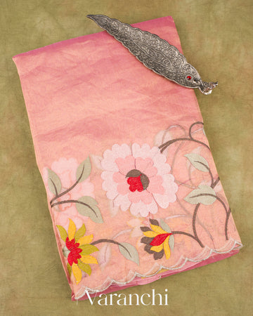 Light Pink Floral Embroidered Pure Tissue Kora Silk Saree