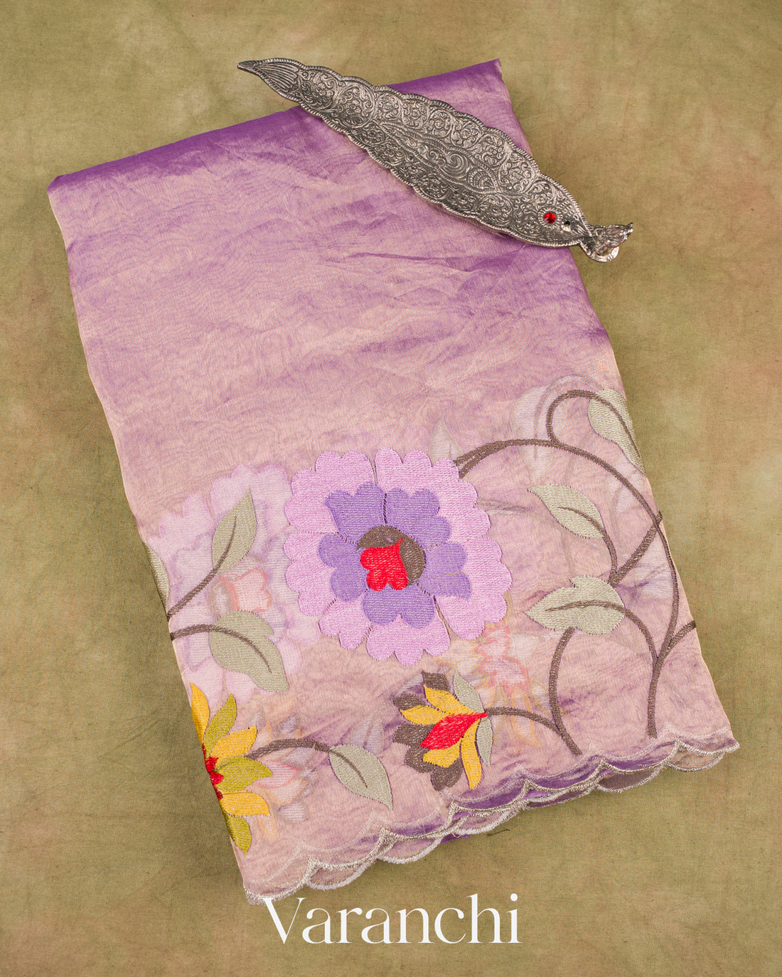 Purple Floral Embroidered Pure Tissue Kora Silk Saree