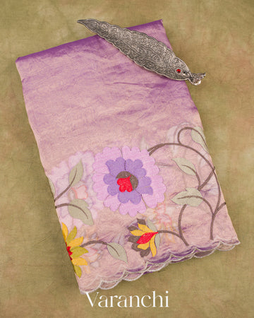 Purple Floral Embroidered Pure Tissue Kora Silk Saree