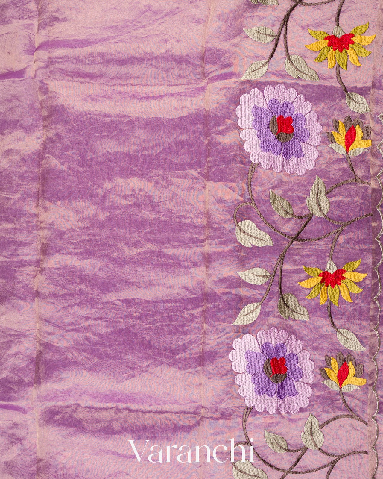 Purple Floral Embroidered Pure Tissue Kora Silk Saree