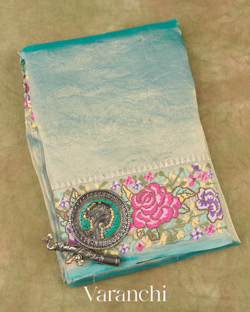 Sky Blue with Petit-Point Embroidered Border Pure Glass Tissue Kora Silk Saree