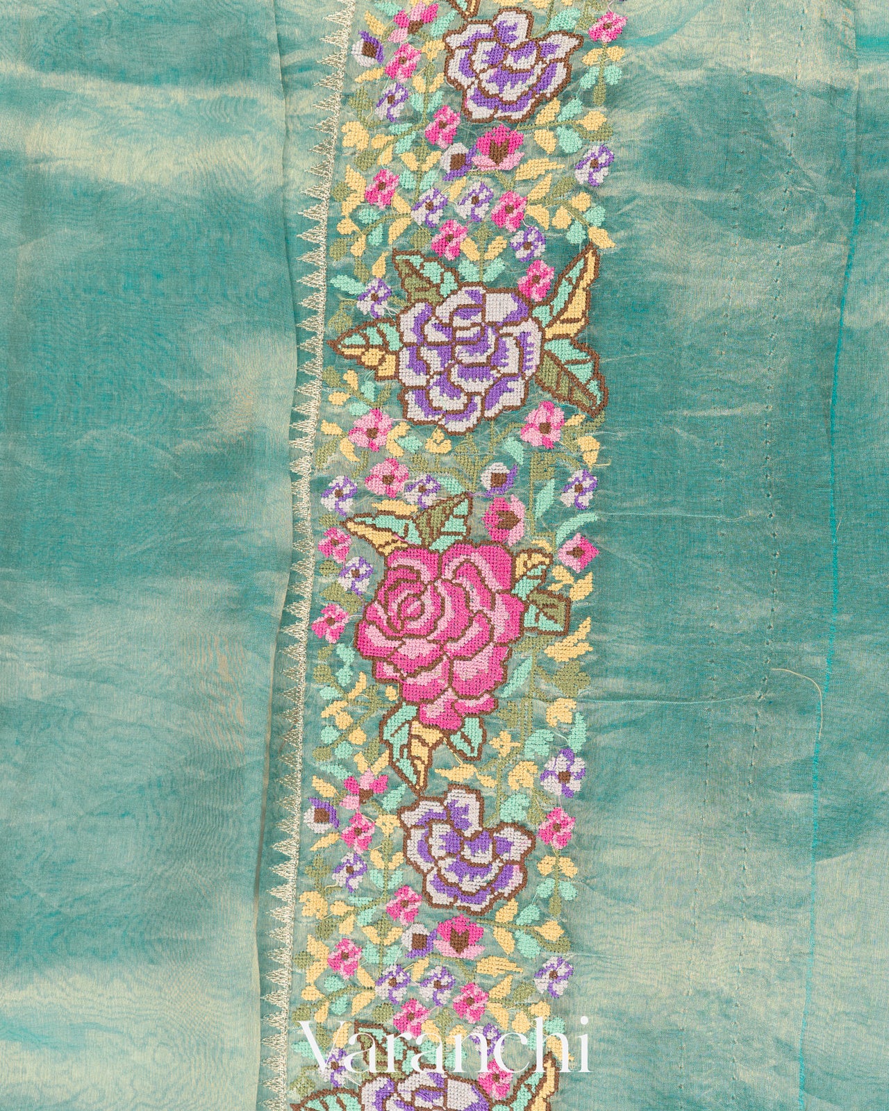 Sky Blue with Petit-Point Embroidered Border Pure Glass Tissue Kora Silk Saree