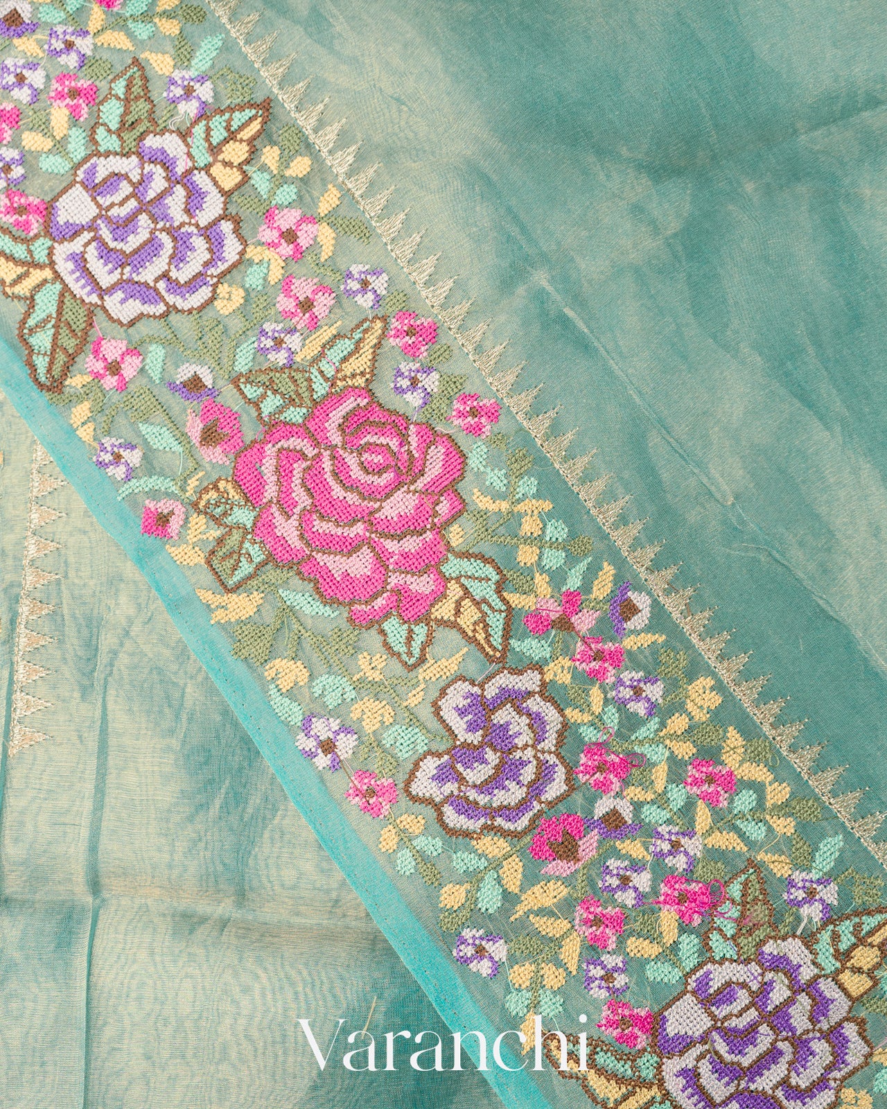 Sky Blue with Petit-Point Embroidered Border Pure Glass Tissue Kora Silk Saree
