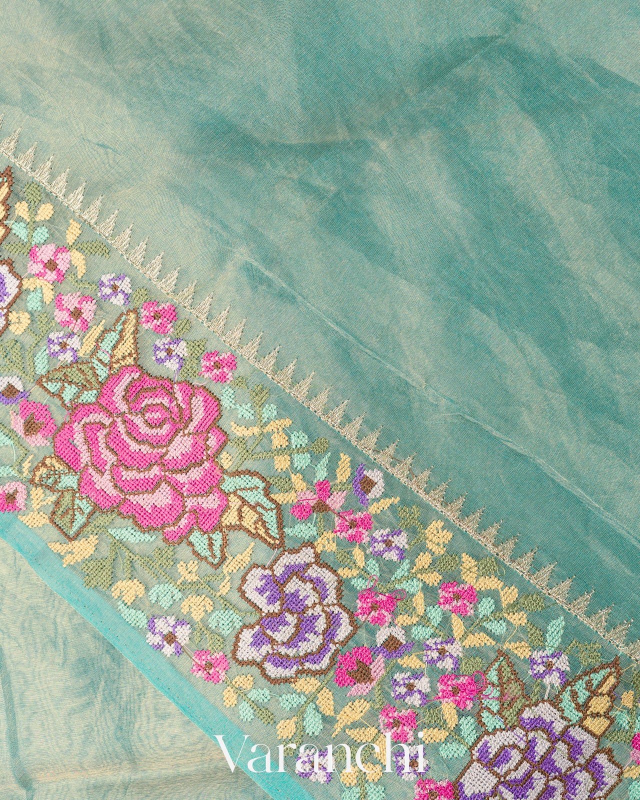 Sky Blue with Petit-Point Embroidered Border Pure Glass Tissue Kora Silk Saree