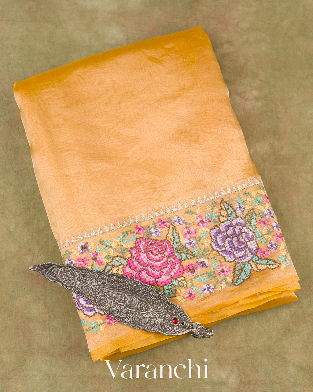 Light Yellow with Petit-Point Embroidered Border Pure Glass Tissue Kora Silk Saree