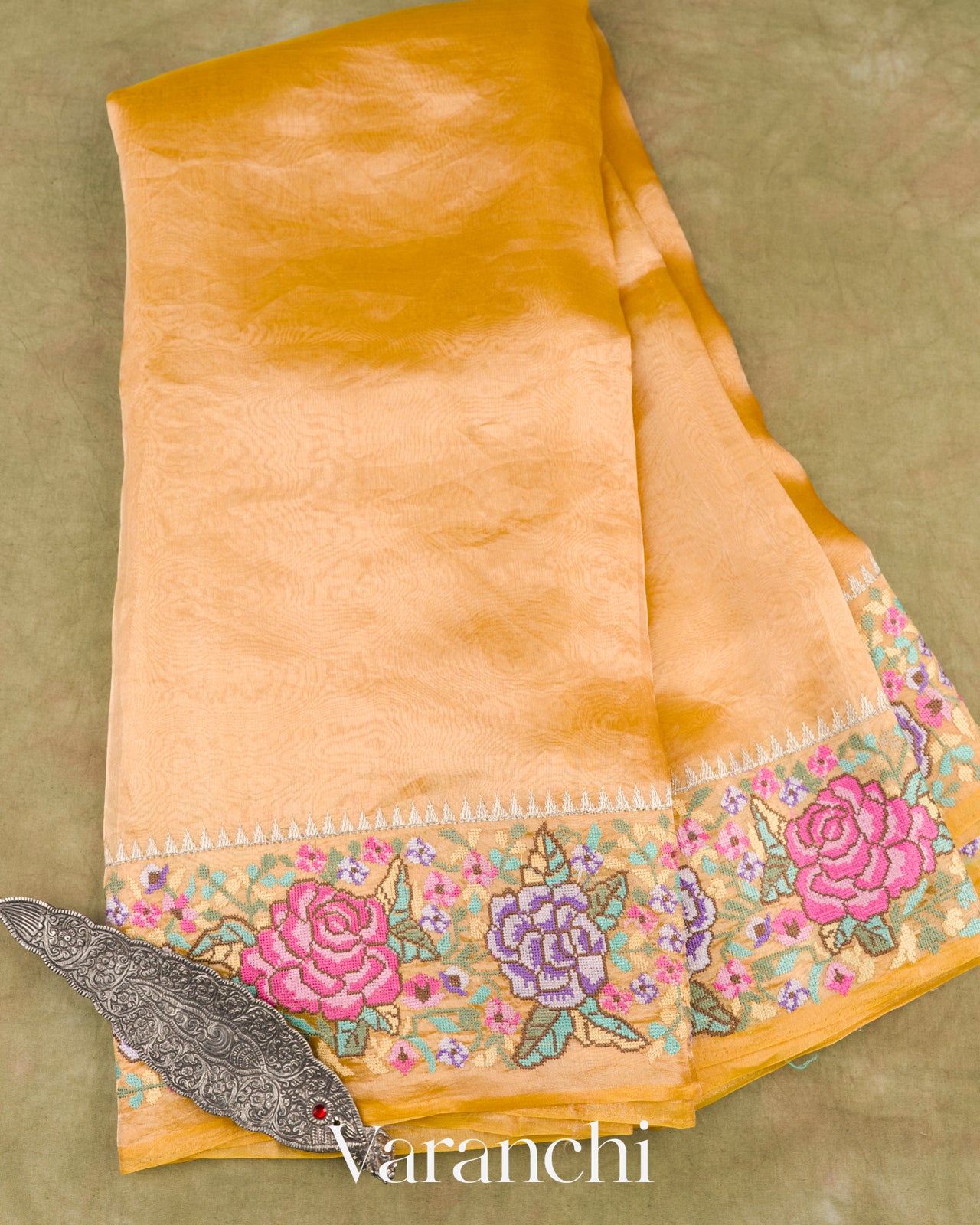 Light Yellow with Petit-Point Embroidered Border Pure Glass Tissue Kora Silk Saree