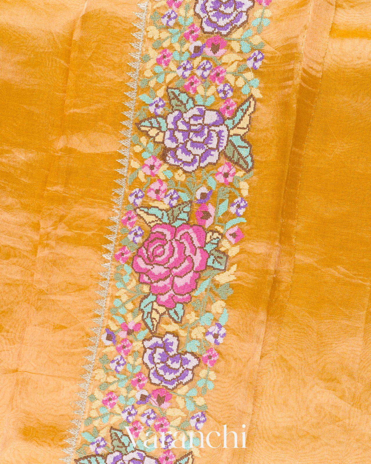 Light Yellow with Petit-Point Embroidered Border Pure Glass Tissue Kora Silk Saree