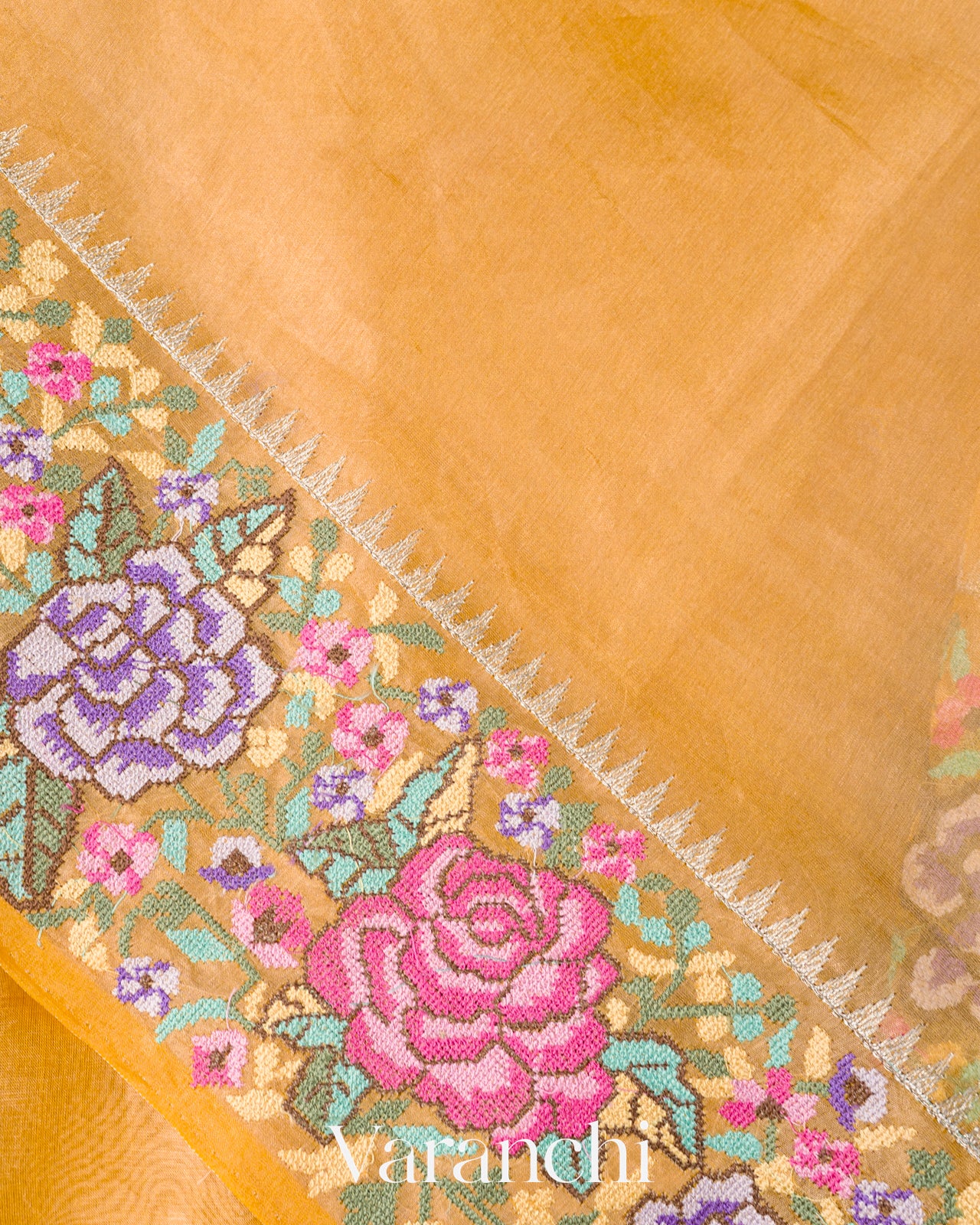 Light Yellow with Petit-Point Embroidered Border Pure Glass Tissue Kora Silk Saree