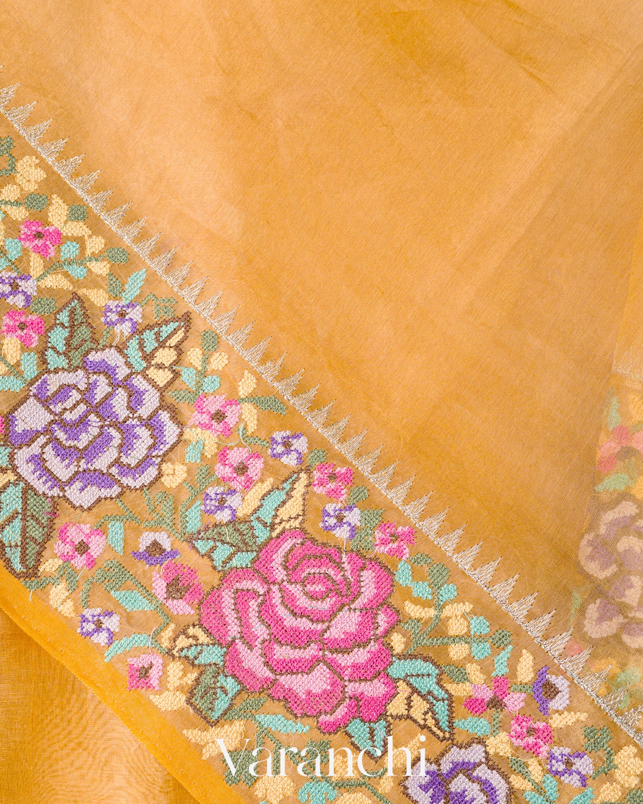 Light Yellow with Petit-Point Embroidered Border Pure Glass Tissue Kora Silk Saree