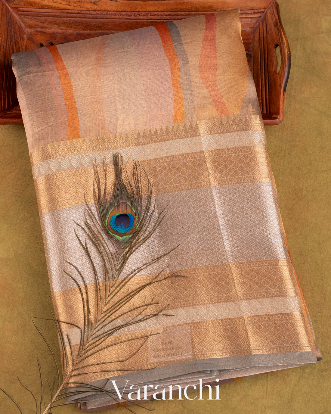 Grey Printed Pure Tissue Kora Silk Saree