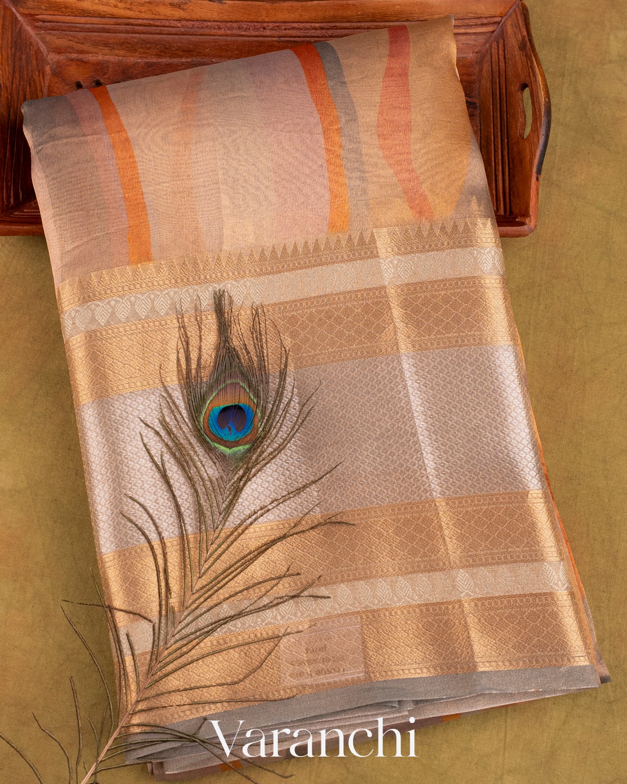 Grey Printed Pure Tissue Kora Silk Saree