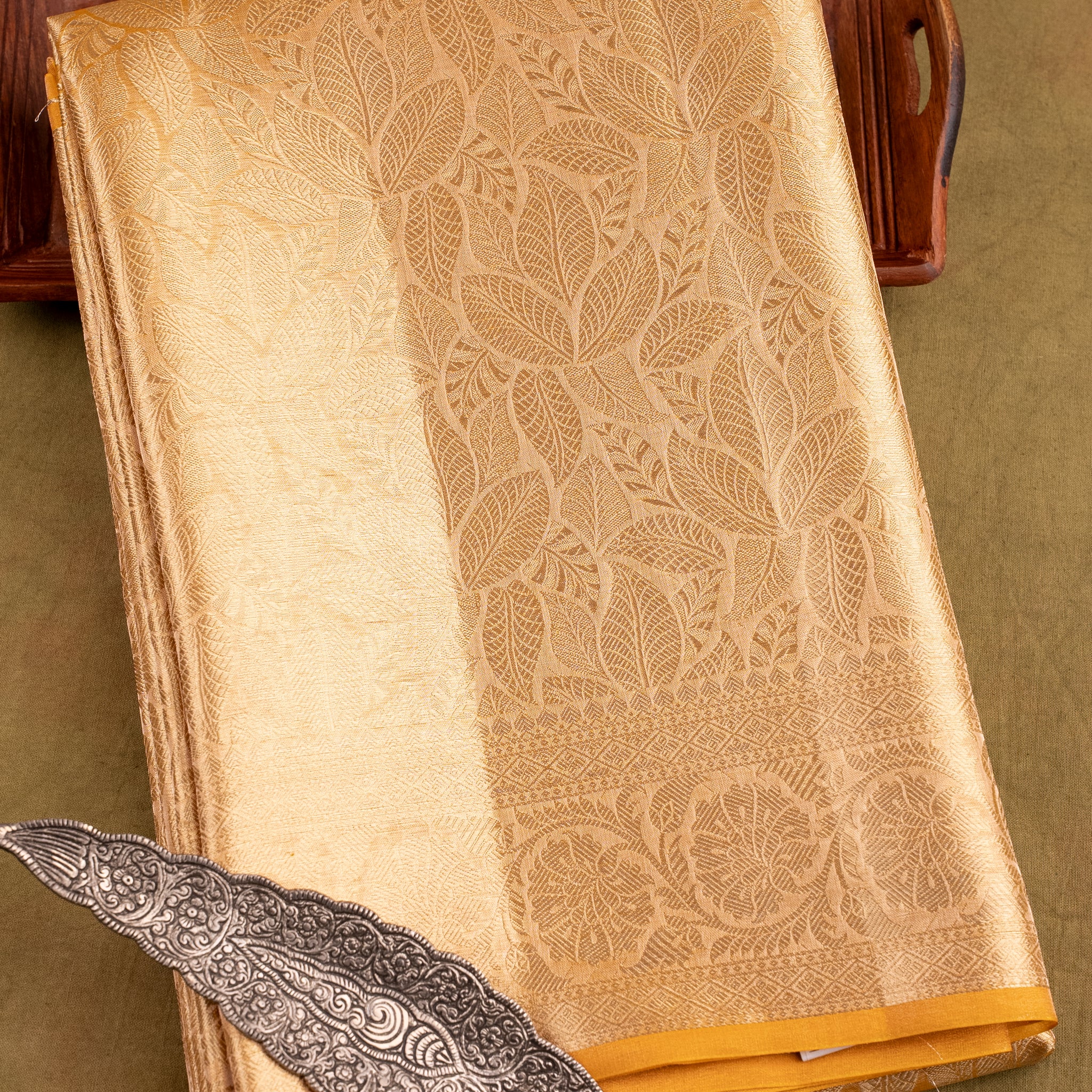 Mustard Yellow Heavy Brocade Pure Tissue Kora Silk Saree