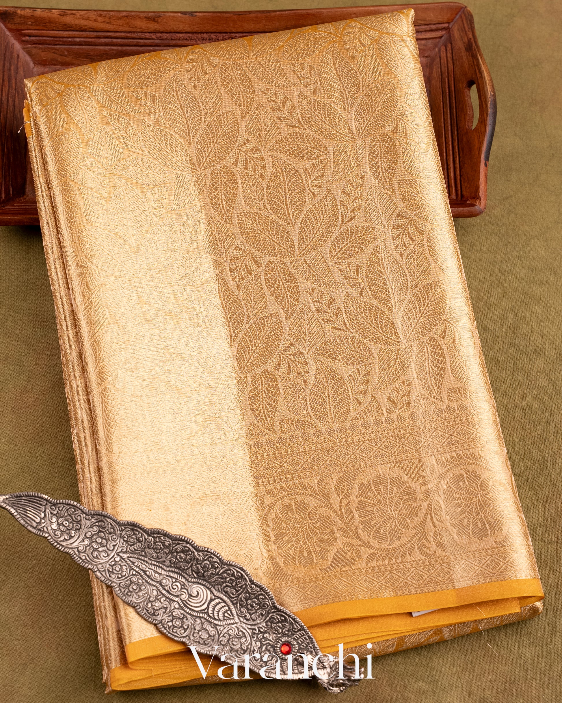 Mustard Yellow Heavy Brocade Pure Tissue Kora Silk Saree