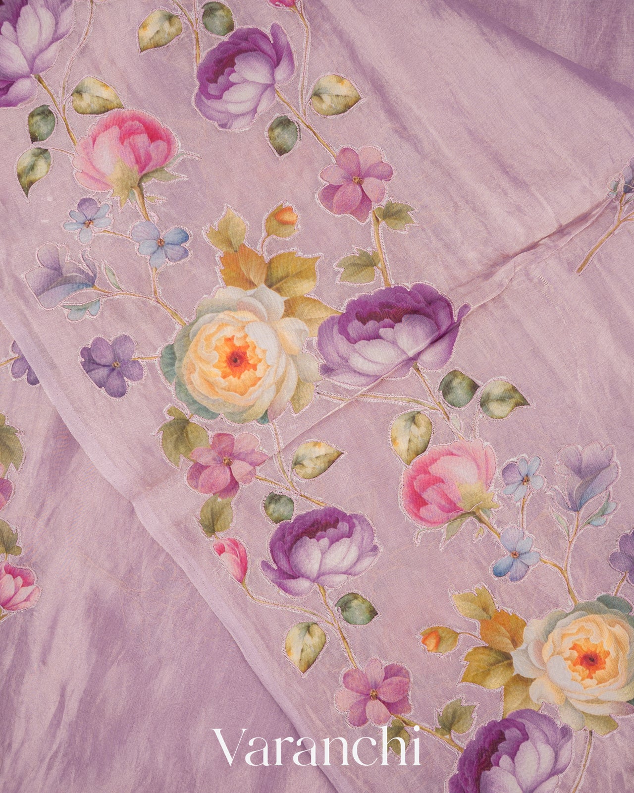 Lavender And Applique Pure Tissue Kora Silk Saree