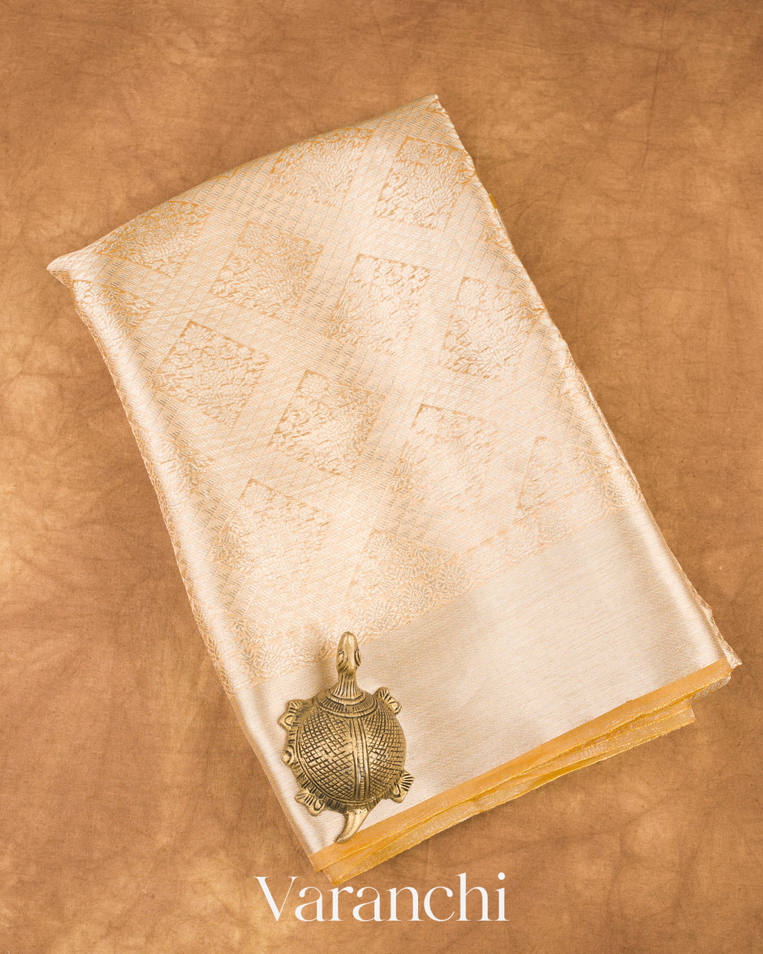 Light Golden Heavy Brocade Pure Tissue Kora Silk Saree