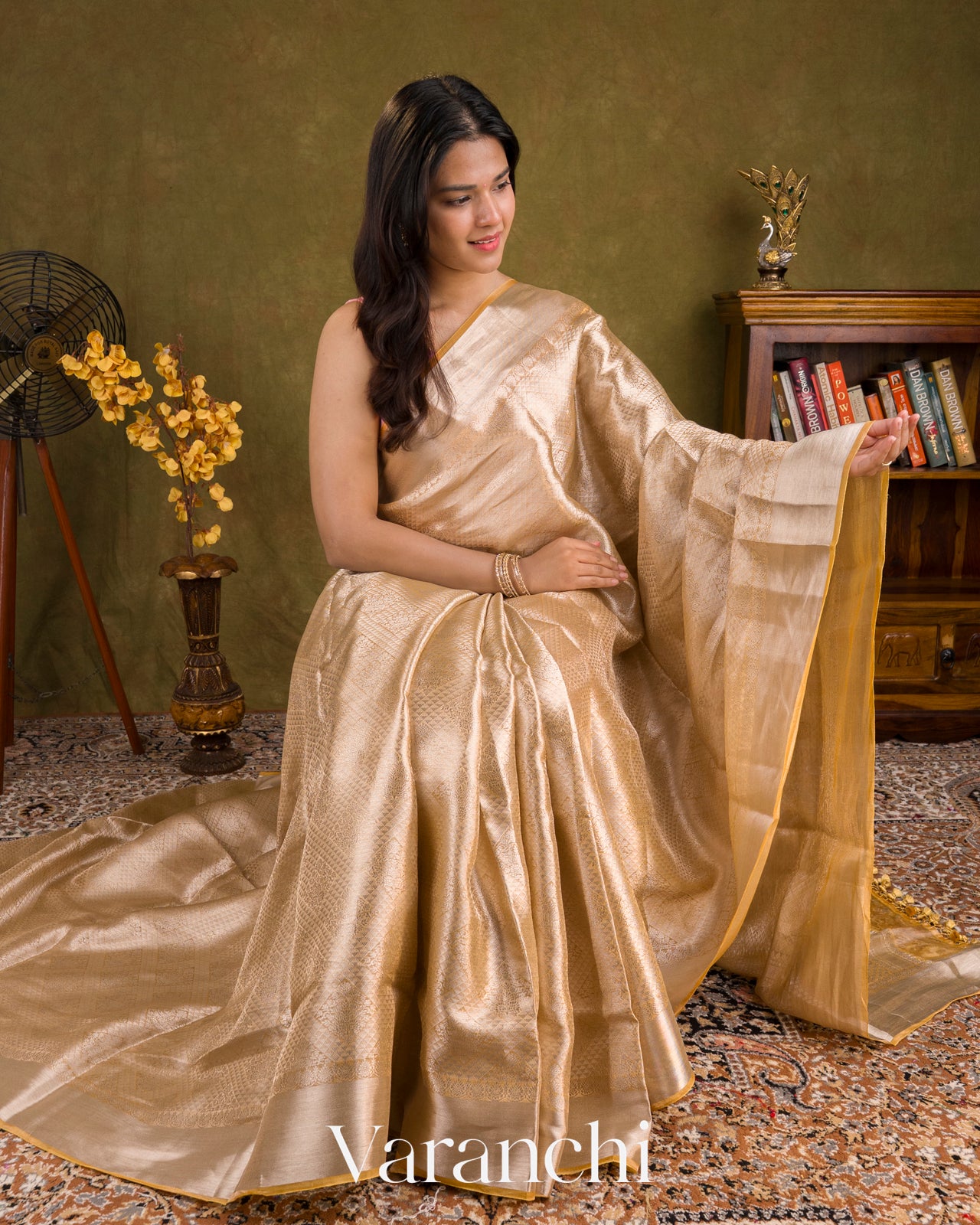 Light Golden Heavy Brocade Pure Tissue Kora Silk Saree