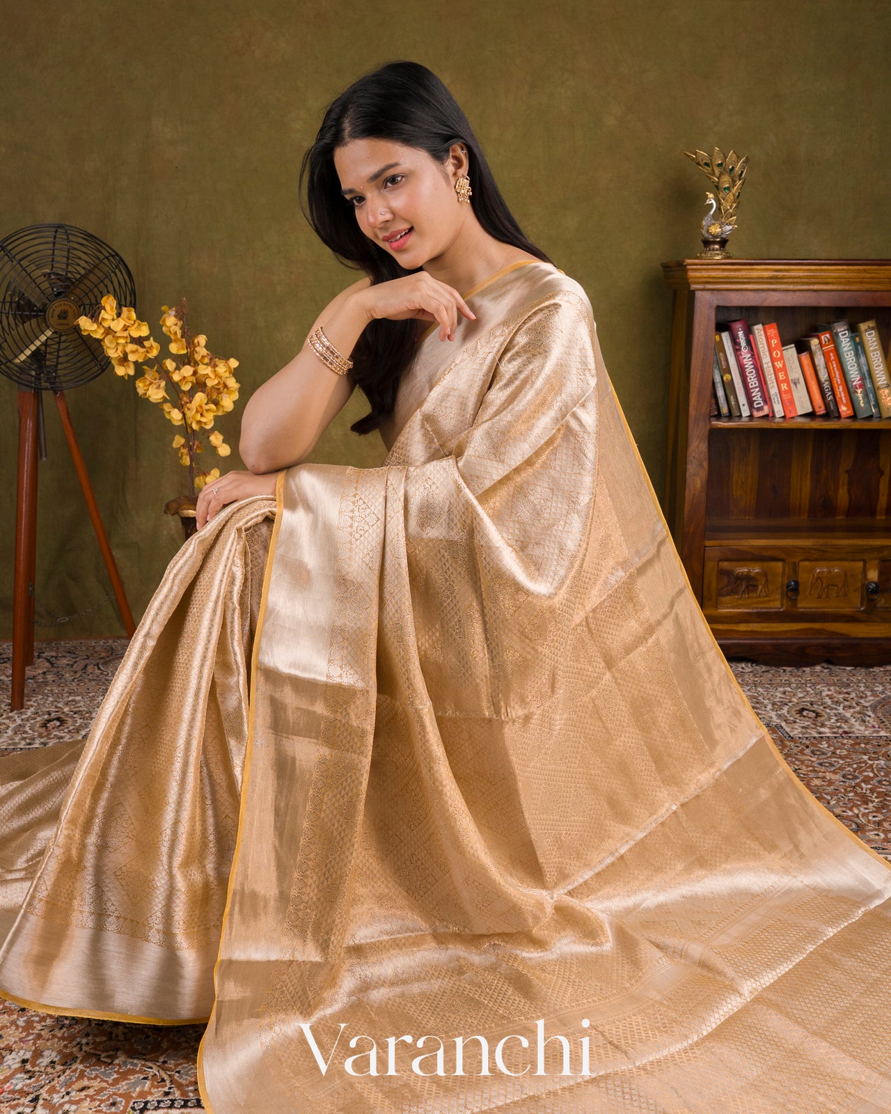 Light Golden Heavy Brocade Pure Tissue Kora Silk Saree