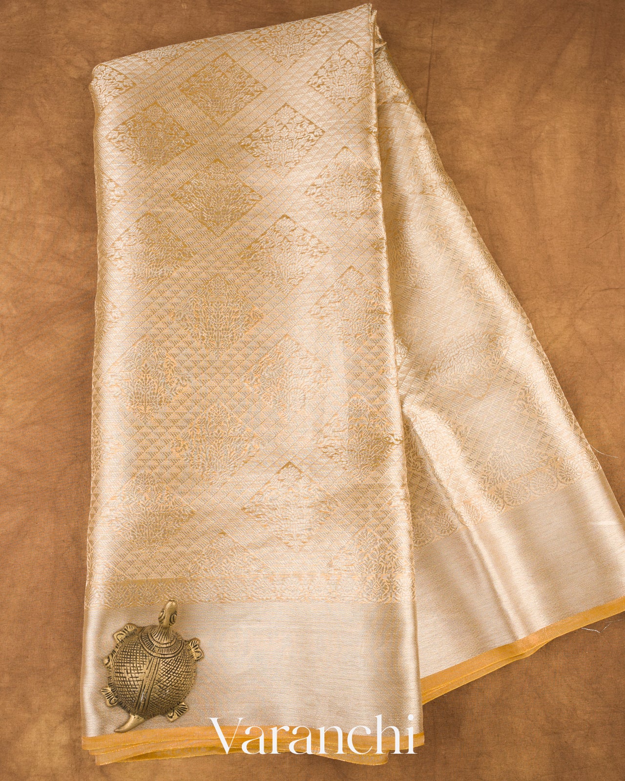Light Golden Heavy Brocade Pure Tissue Kora Silk Saree