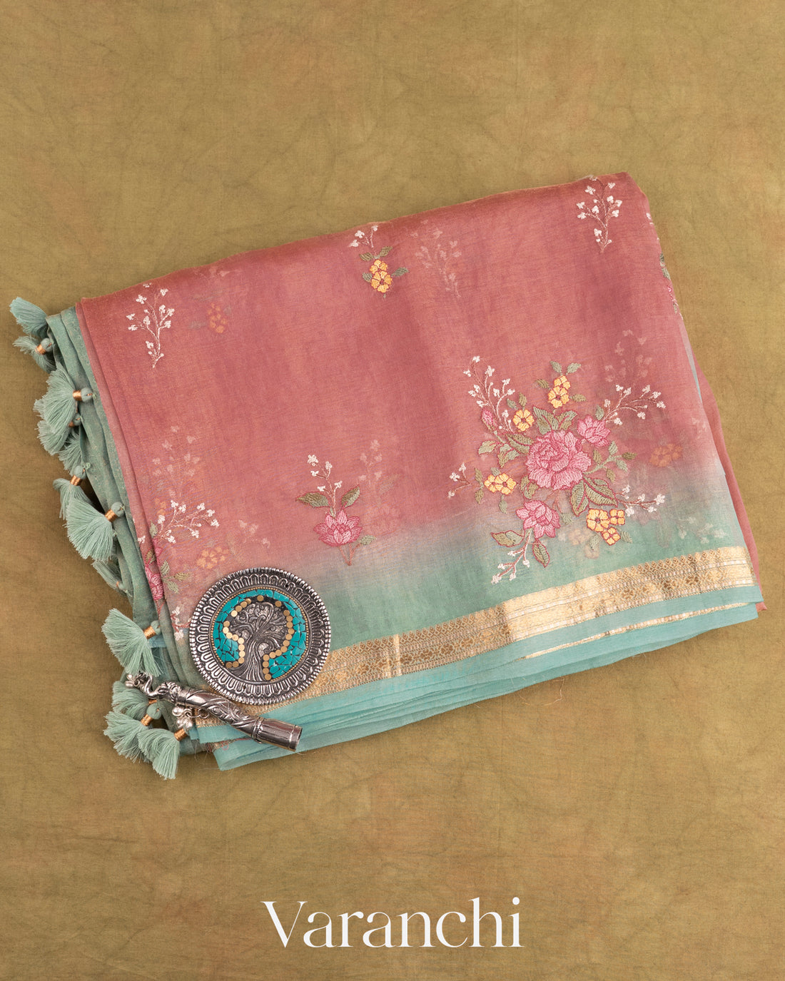 Dusty Pink Floral Embroidered Pure Tissue Kora Silk Saree