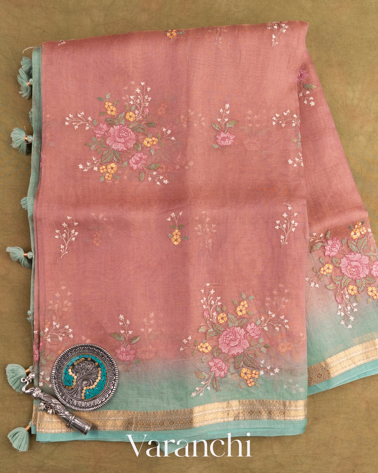 Dusty Pink Floral Embroidered Pure Tissue Kora Silk Saree