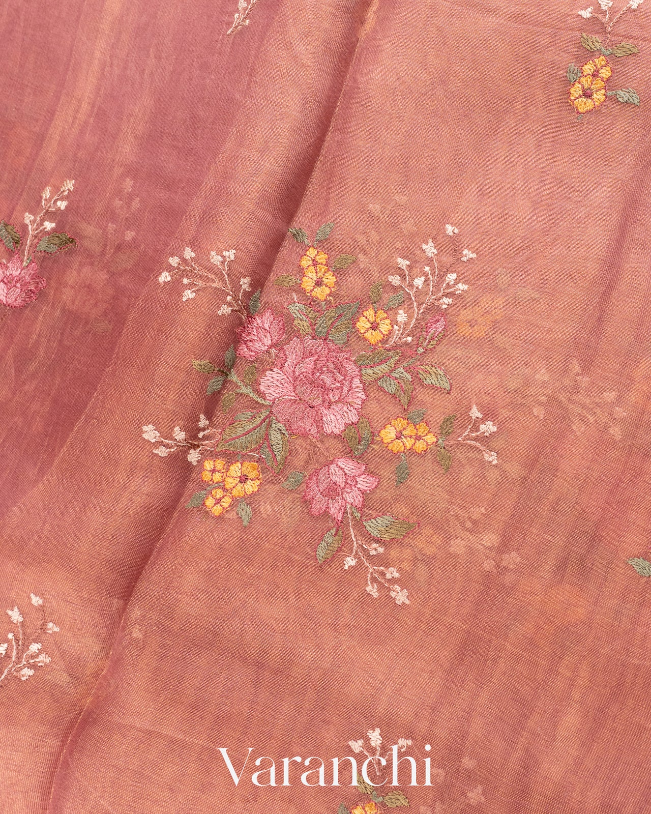 Dusty Pink Floral Embroidered Pure Tissue Kora Silk Saree