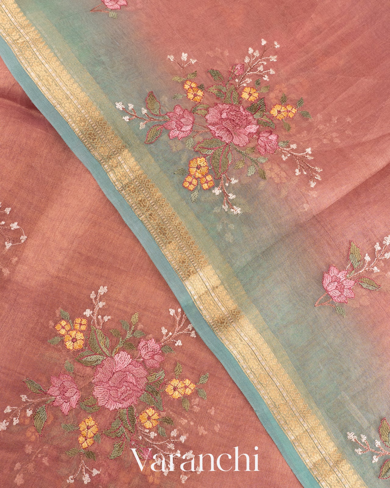 Dusty Pink Floral Embroidered Pure Tissue Kora Silk Saree