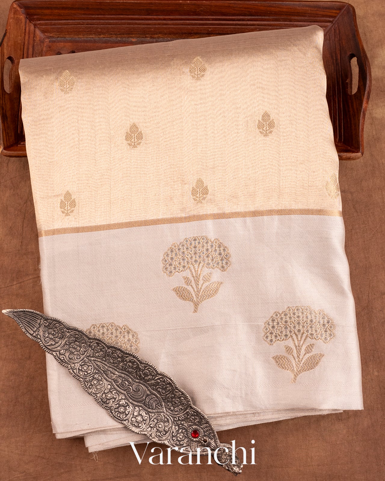 Light Golden Pure Tissue Silk Handloom Saree