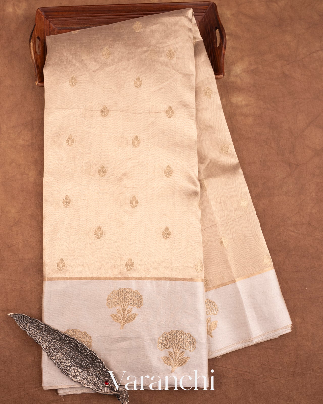 Light Golden Pure Tissue Silk Handloom Saree