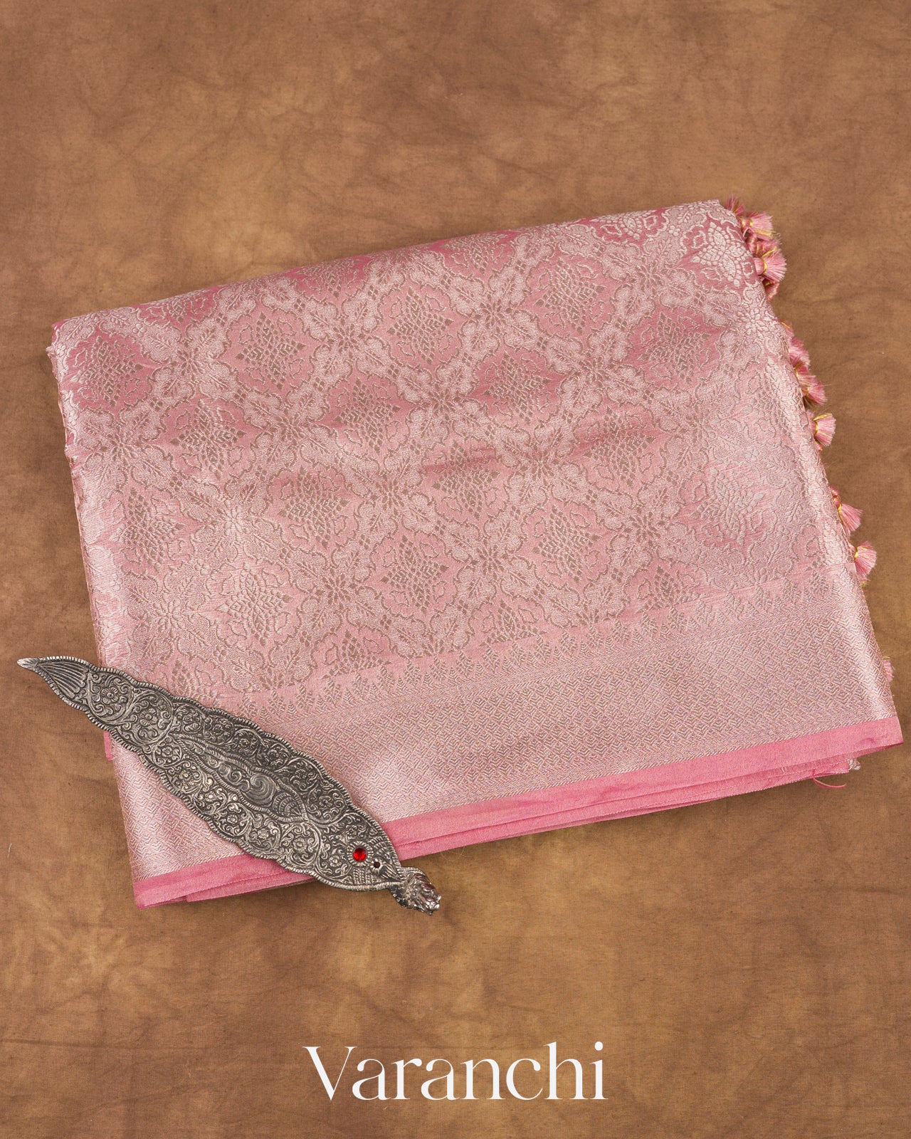 Rose Pink Heavy Brocade Pure Tissue Kora Silk Saree