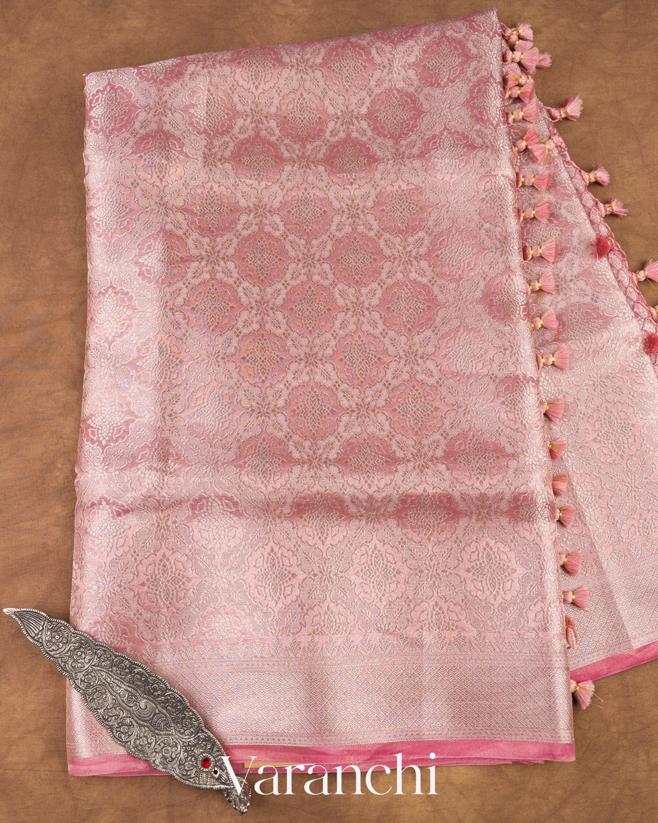 Rose Pink Heavy Brocade Pure Tissue Kora Silk Saree