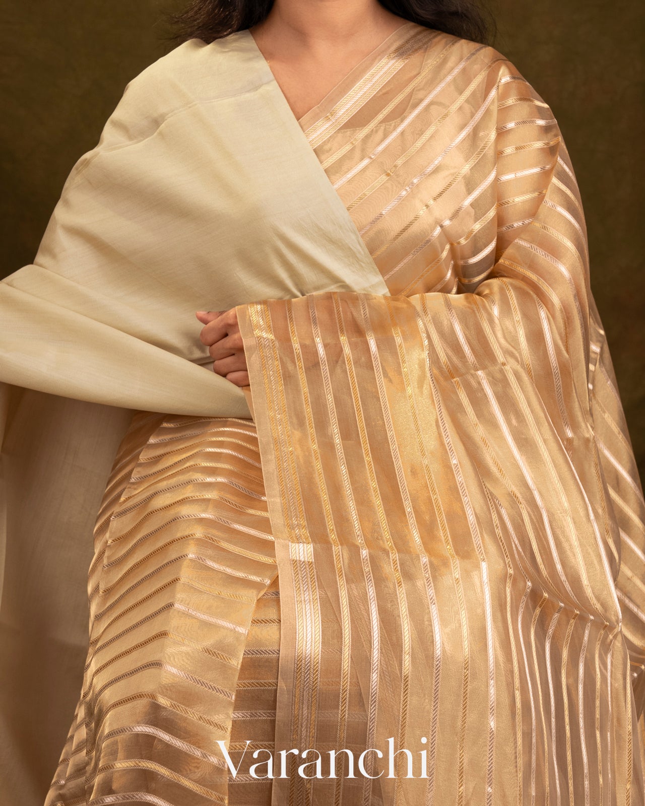 Gold Sona Rupa Pure Tissue Kora Striped Silk Saree
