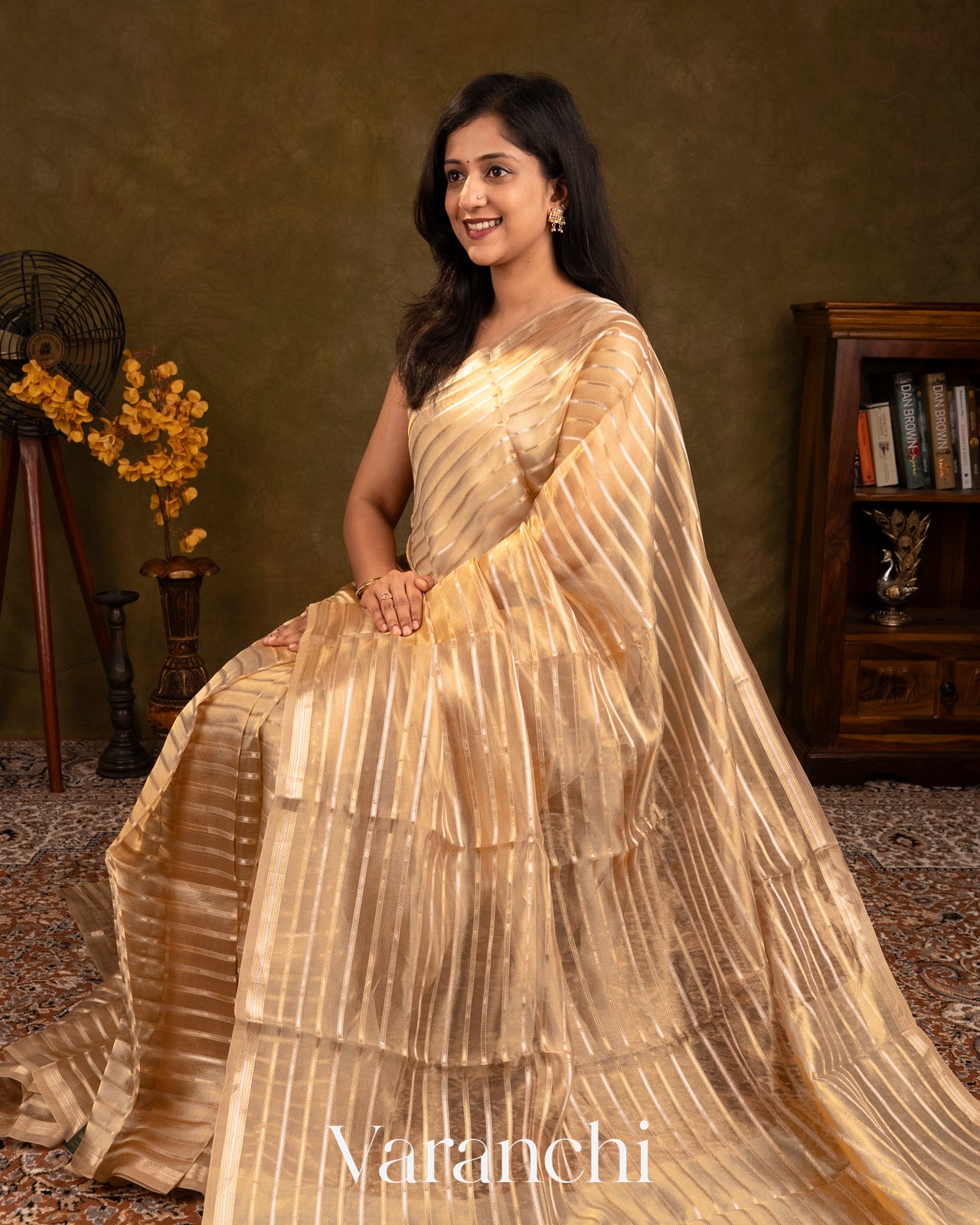 Gold Sona Rupa Pure Tissue Kora Striped Silk Saree