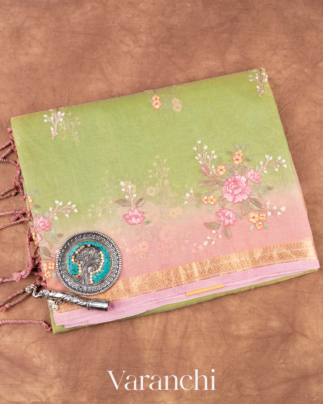 Lemon Green Floral Embroidered Ombre-Dyed Pure Tissue Kora Silk Saree