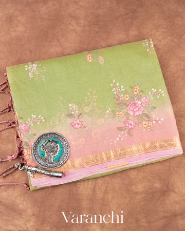 Lemon Green Floral Embroidered Ombre-Dyed Pure Tissue Kora Silk Saree