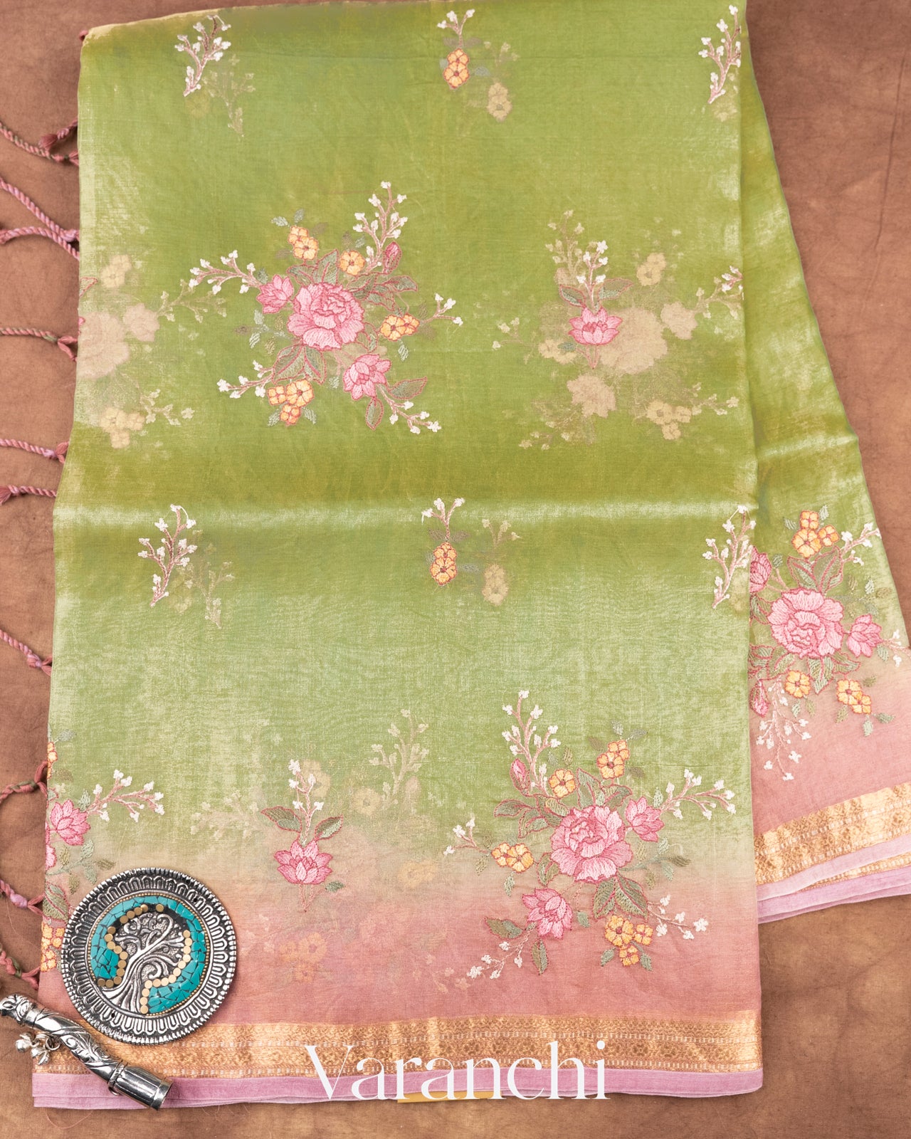 Lemon Green Floral Embroidered Ombre-Dyed Pure Tissue Kora Silk Saree