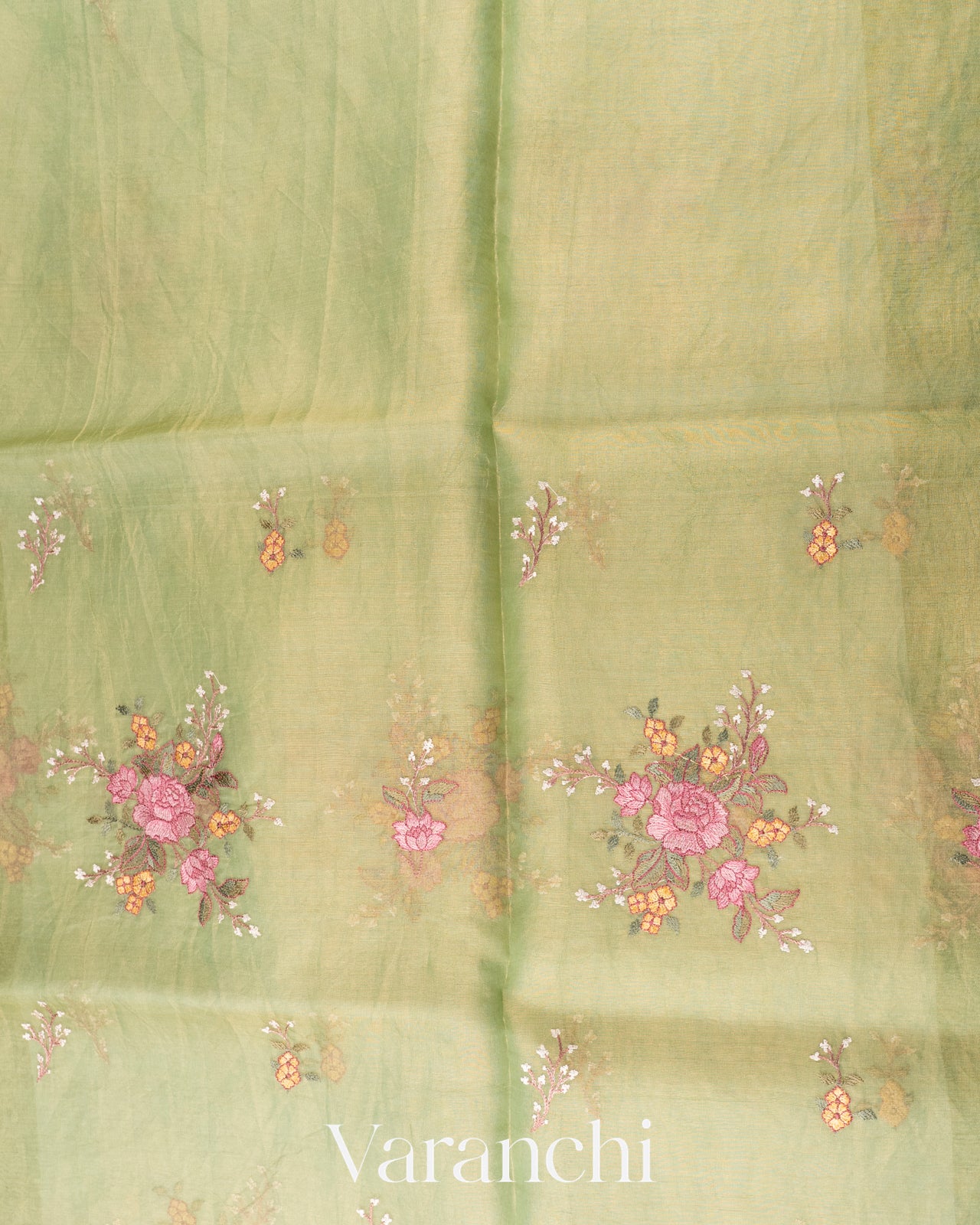 Lemon Green Floral Embroidered Ombre-Dyed Pure Tissue Kora Silk Saree