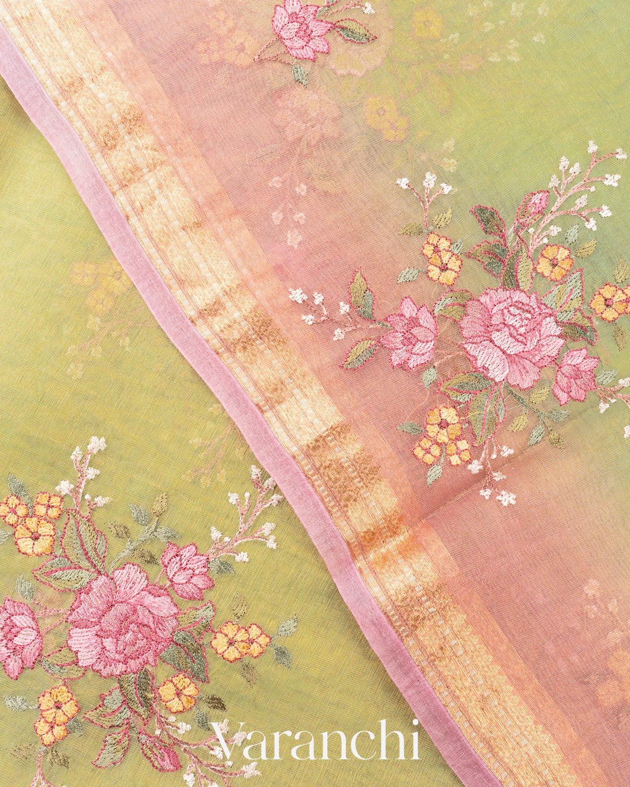 Lemon Green Floral Embroidered Ombre-Dyed Pure Tissue Kora Silk Saree
