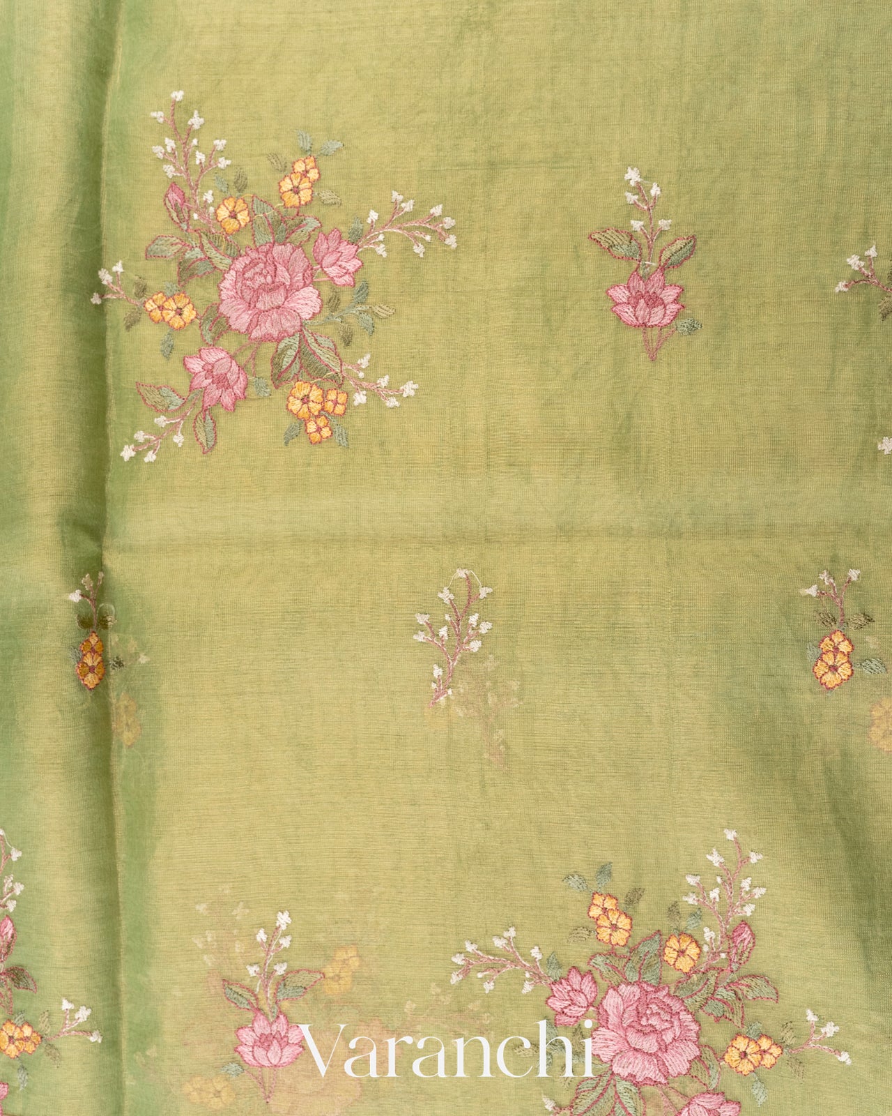 Lemon Green Floral Embroidered Ombre-Dyed Pure Tissue Kora Silk Saree